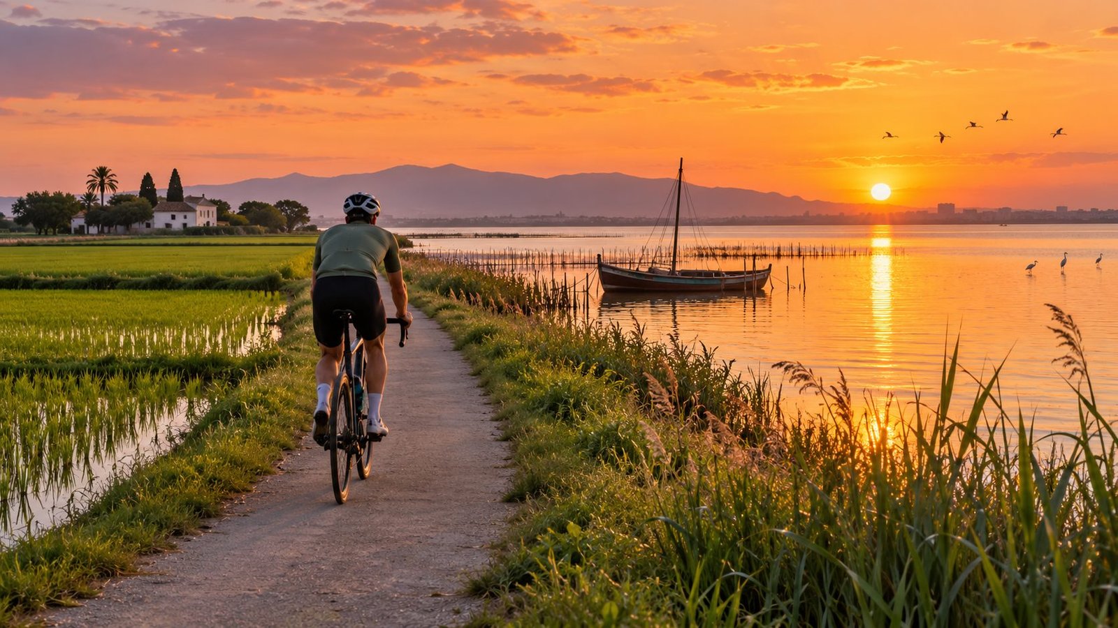 Ciclista entre arrozales de la Albufera