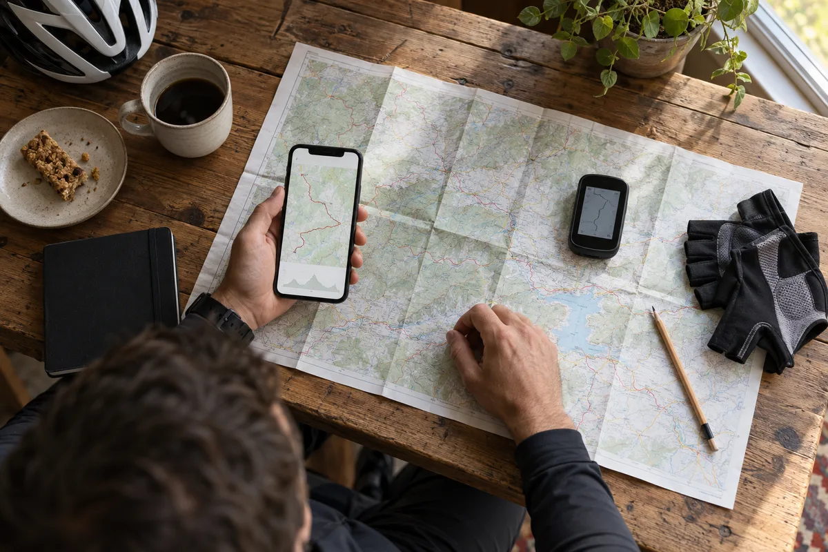 Mesa con mapa, móvil y GPS para planificar una ruta ciclista