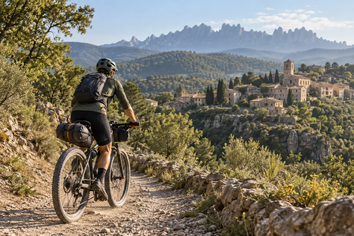 Ciclista de montaña con equipaje ligero en una ruta de Cataluña