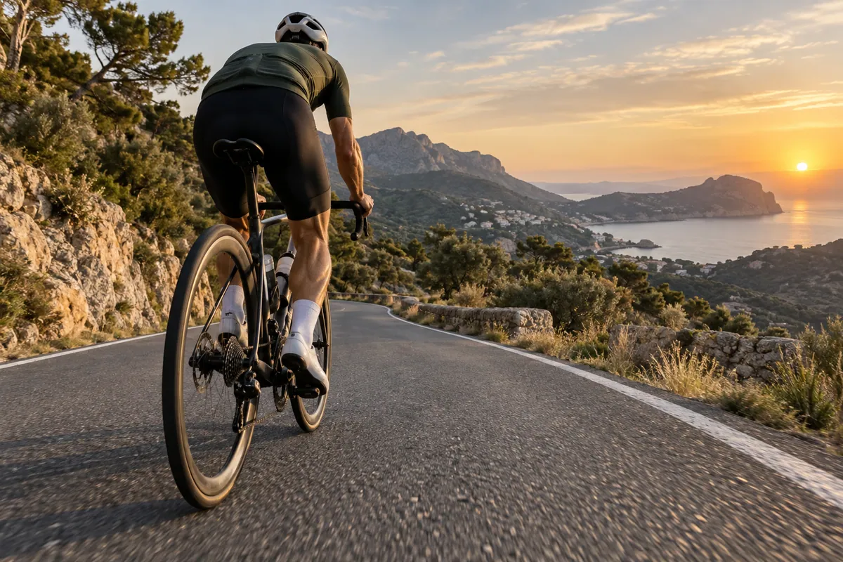 Ciclista de carretera en una ruta de montaña al atardecer