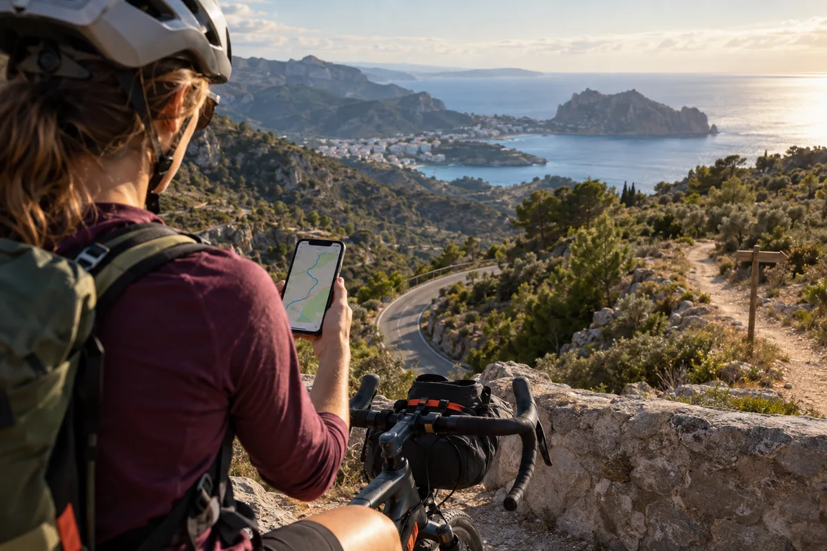 Ciclista comparando una ruta del móvil con el paisaje