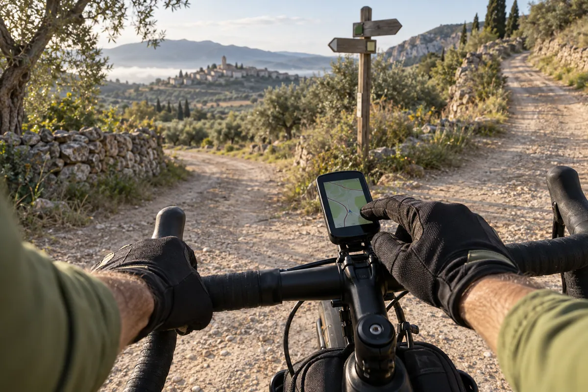 Ciclista consultando un GPS en un cruce de caminos