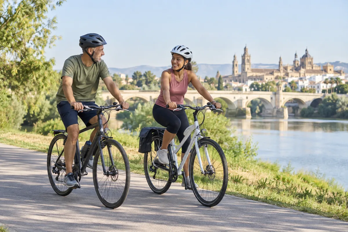 Dos ciclistas pedaleando a ritmo suave junto a un río
