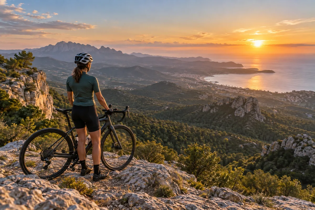 Ciclista observando un gran paisaje de montaña en Cataluña