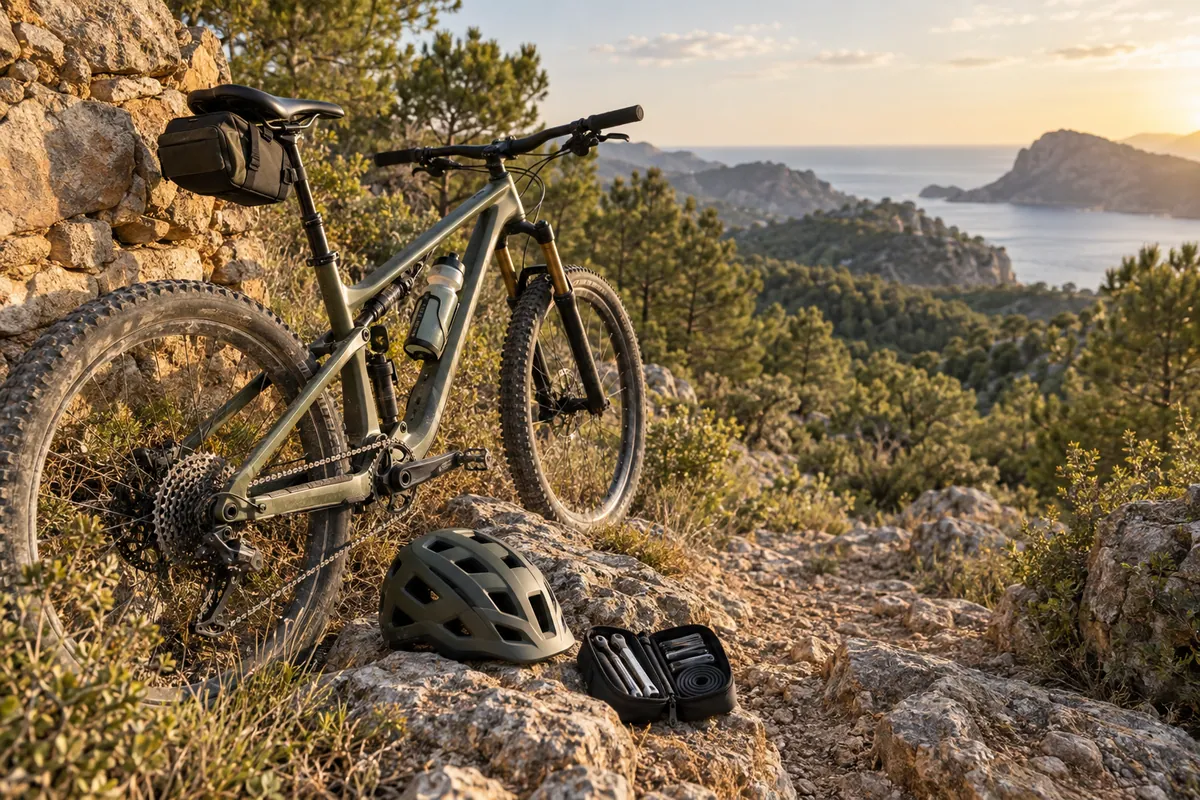 Bicicleta de montaña y equipo para una salida por senderos