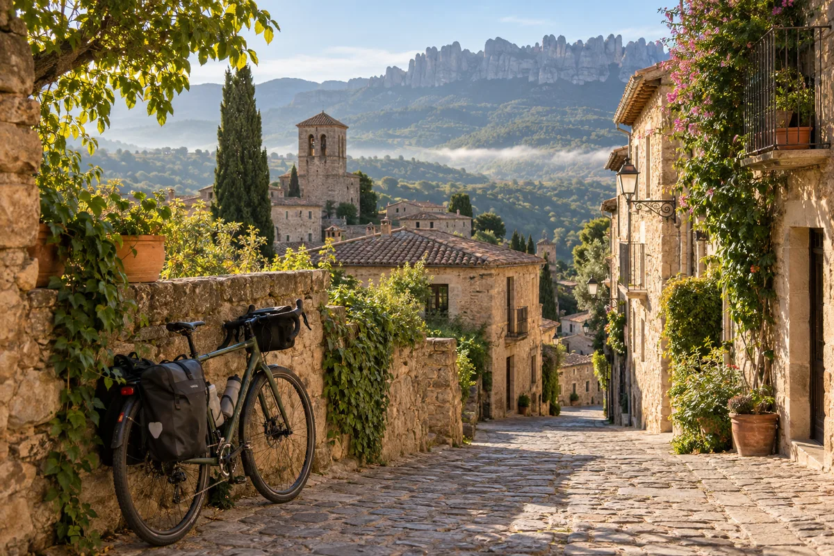 Bicicleta de viaje junto a un pueblo medieval de Cataluña
