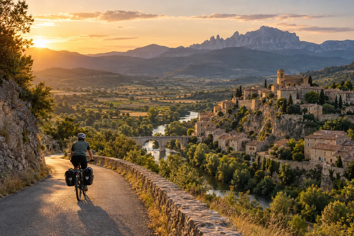 Cicloturista recorriendo un valle con un pueblo y montañas