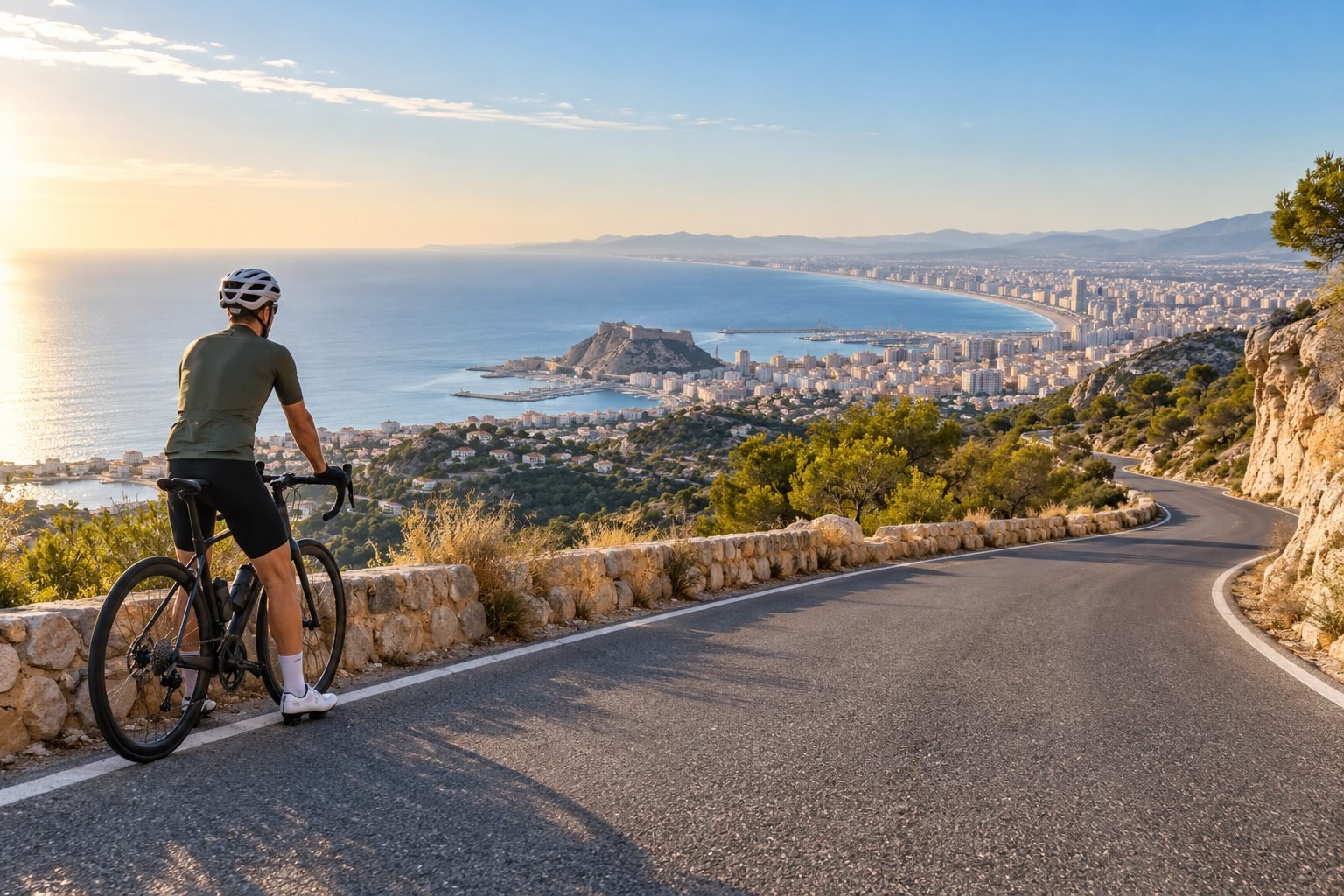 Ciclista contemplando Alicante y el Mediterráneo