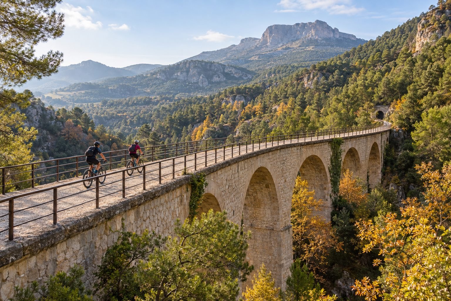 Ciclistas en un viaducto cerca de Alcoi